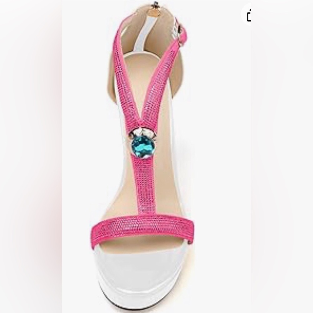 Brand New In Box White and pink high heels with a green rhinestone.